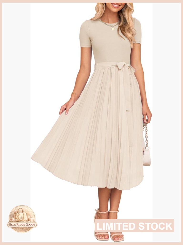 Short Sleeve Midi Dress Pleated A Line Flow Crewneck Knit Belted Wedding Guest